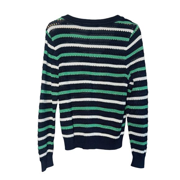 Women’s Striped Knit Sweater V-Neck Long Sleeve Navy Green White – Size Medium - Picture 5 of 7